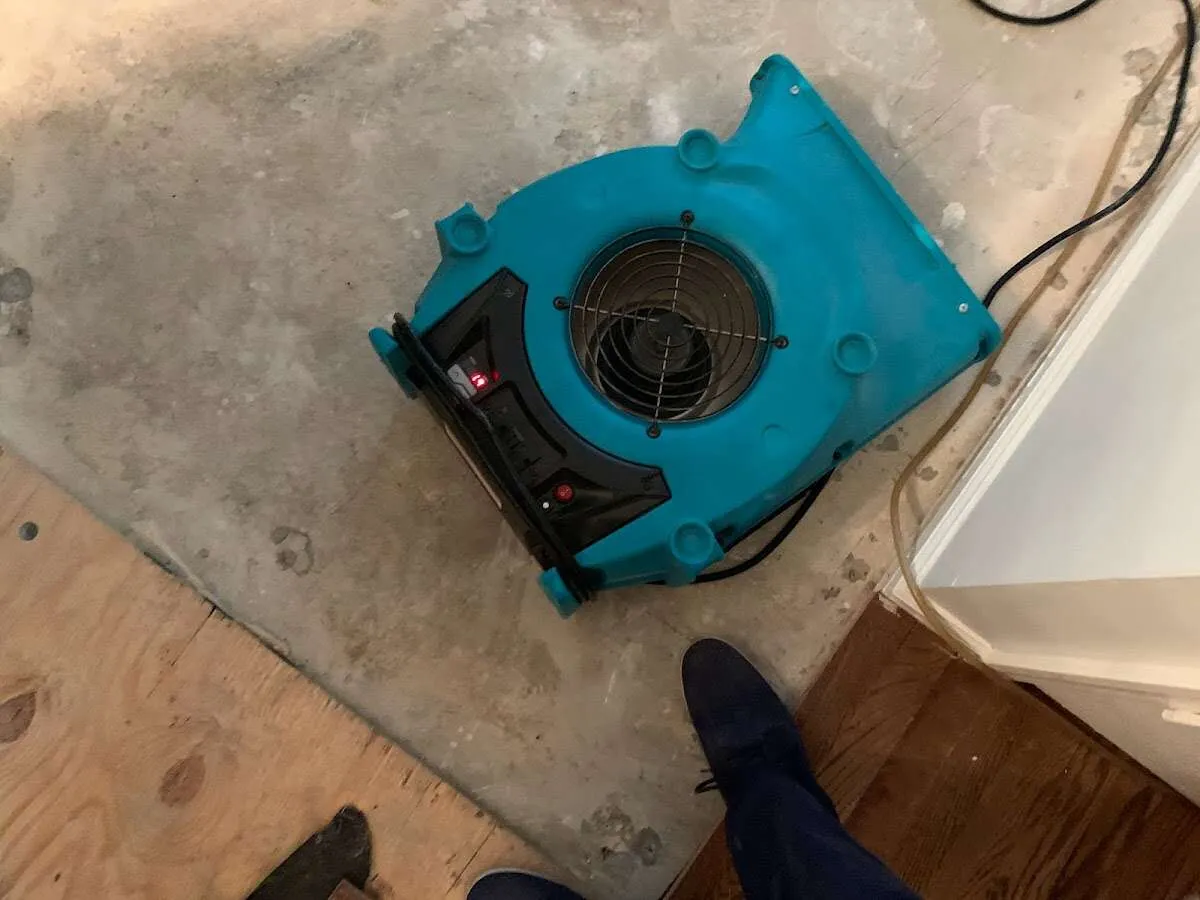 Air mover drying subfloor during Leak Detection & Repair in Finley